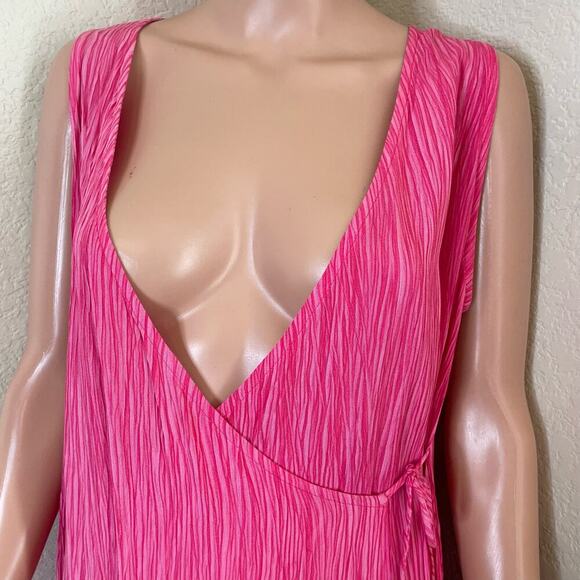 Pink dress true wrap lightweight crinkle cut V-neck waist tie SZ LG Boho vibrant - Picture 4 of 9